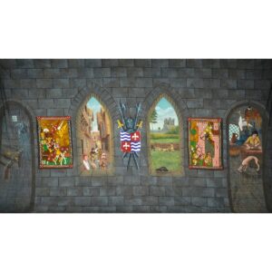 Medieval Castle Wall with Windows and Tapestries Painted Backdrop BD-0386