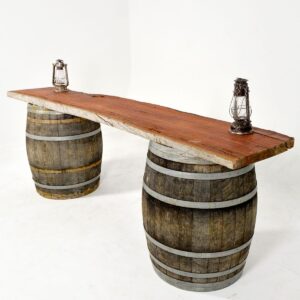 Raw Timber Table Top on Two Barrels - Sydney Prop Specialists - Prop Hire and Event Theming