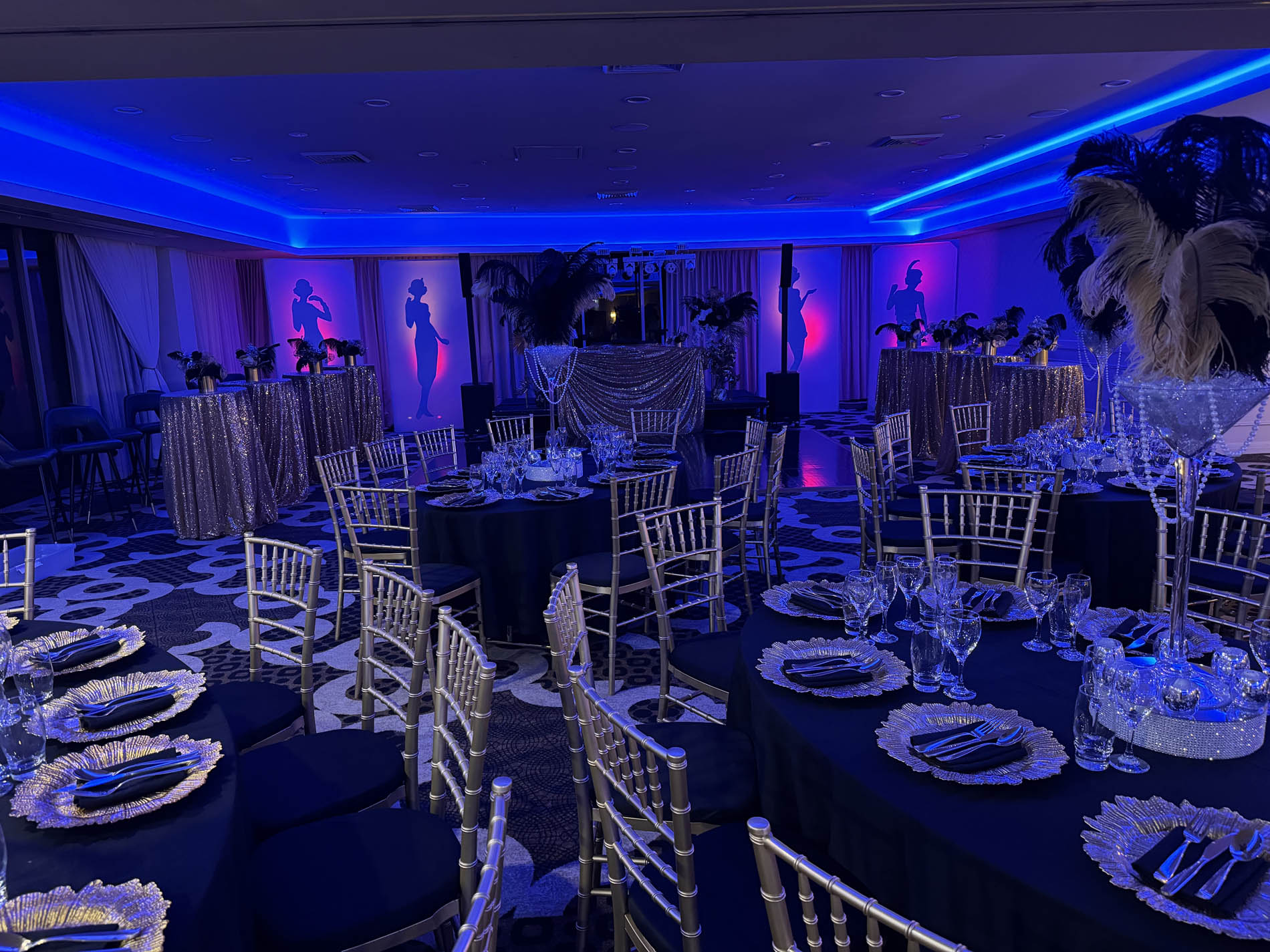 Empty ballroom transformed with Art Deco Great Gatsby styling