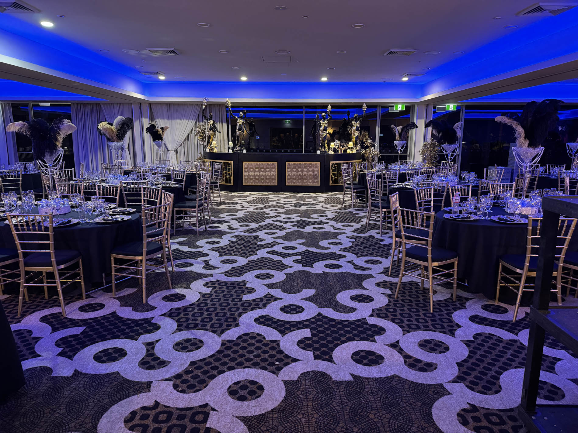 Great Gatsby styled ballroom at Novotel Wollongong, black and gold Art Deco theming