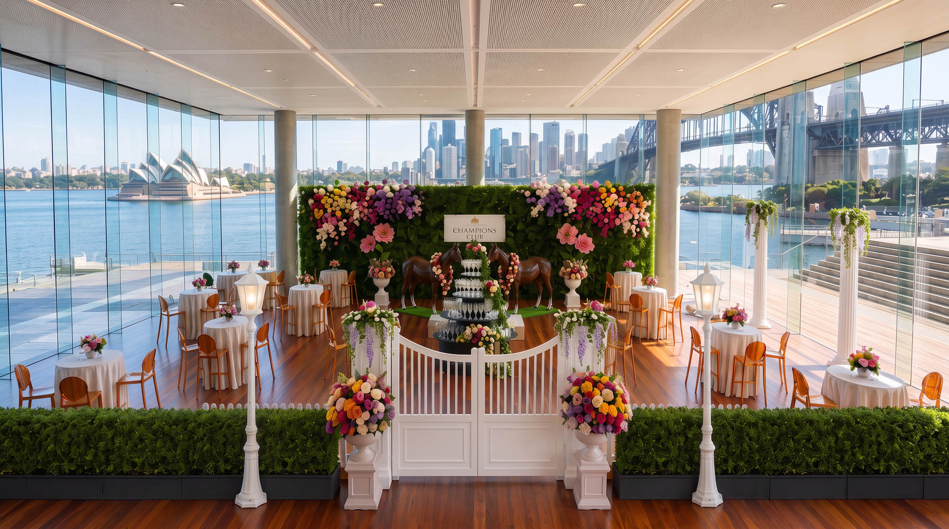 The Flemington Prestige Package — full venue takeover with floral gates, champagne tower and harbour views
