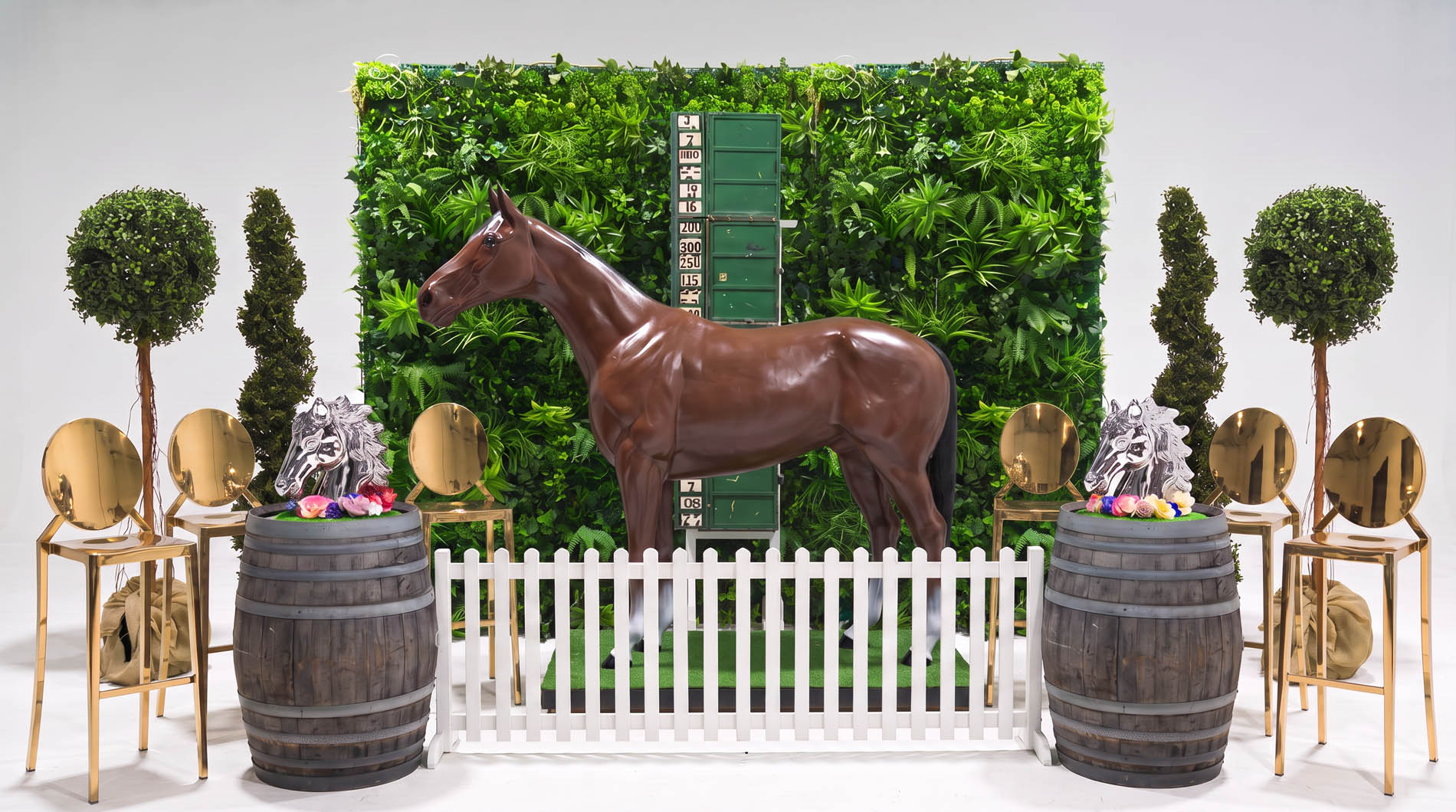 The Paddock Package — life-size horse display with living wall and white picket fencing