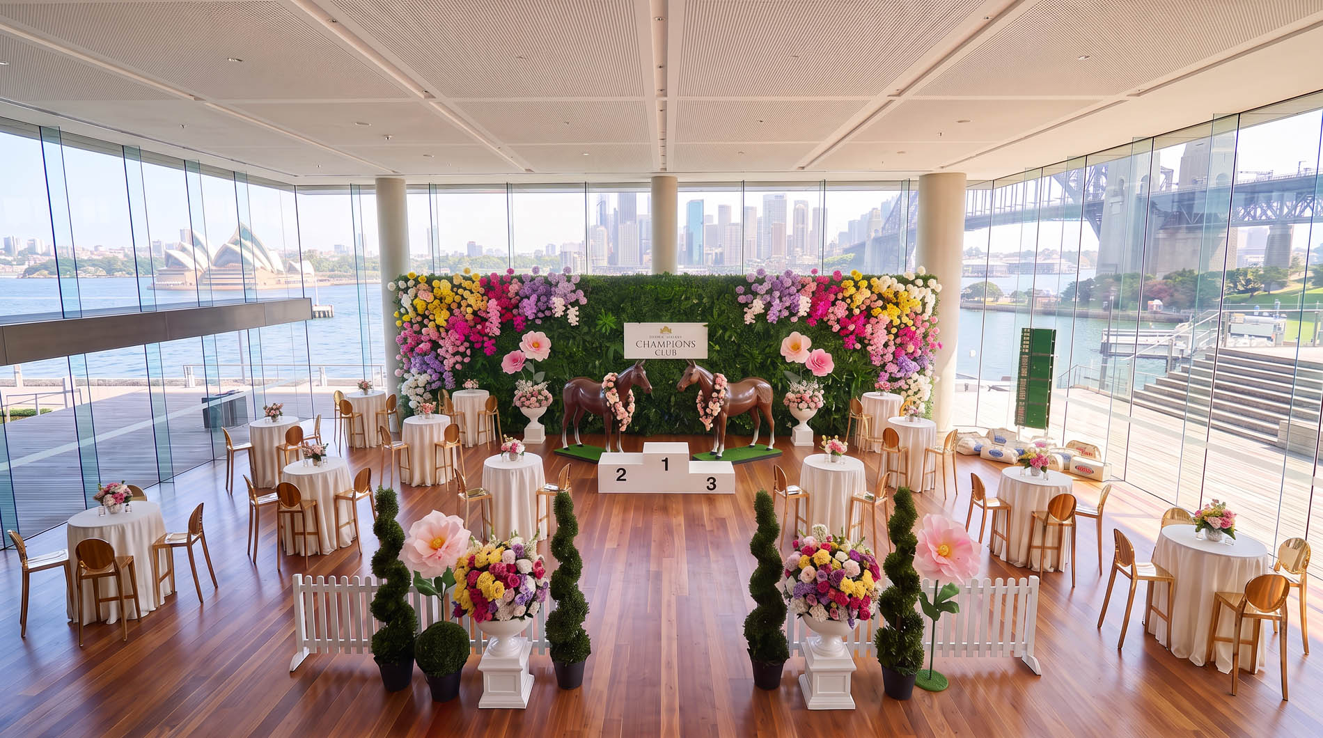 The Spring Racing Package — garden party styling with twin horses, podium and harbour skyline