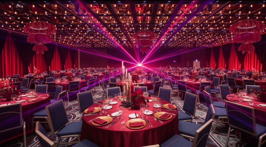 Ballroom transformed with red lighting, feather chandeliers and candlelit tables