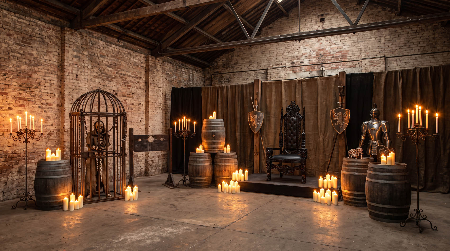 Medieval dungeon chamber with a caged skeletal figure, black throne, armour and barrels lit by candlelight