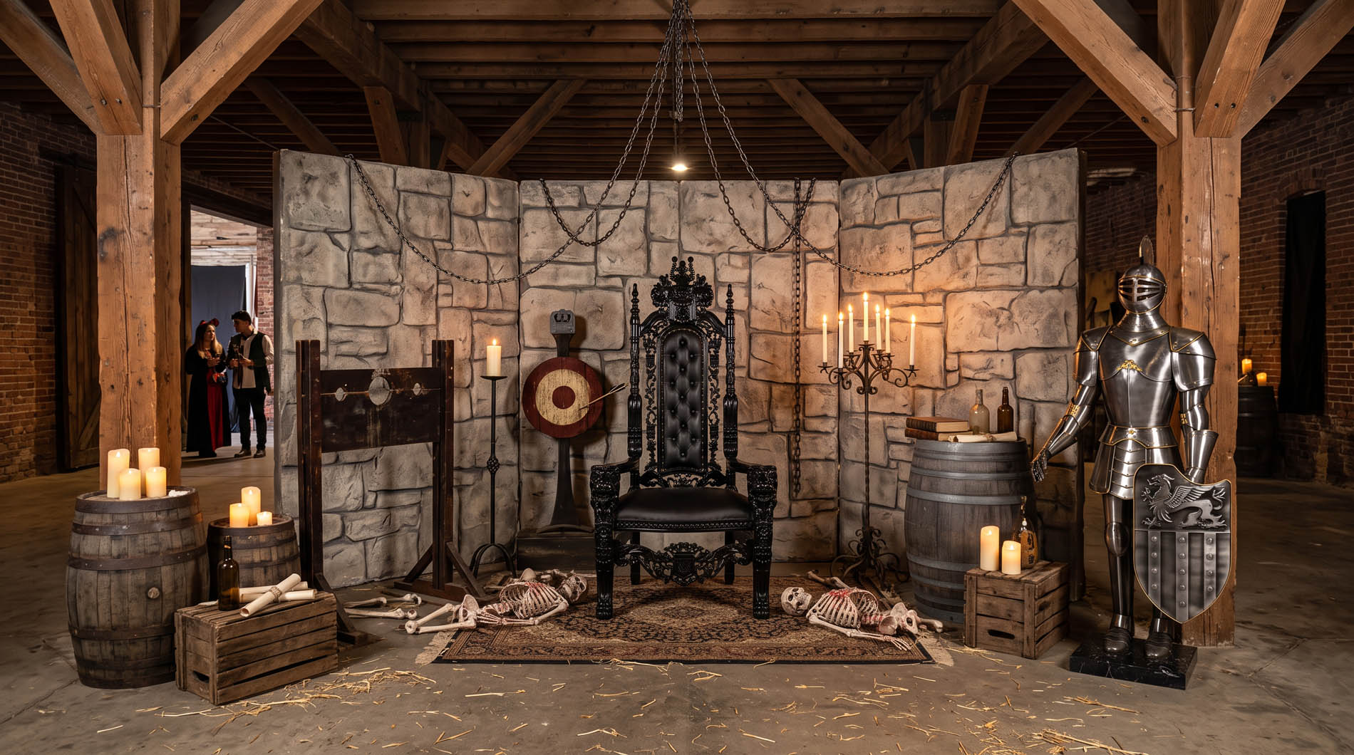 Stone-walled dungeon throne feature with hanging chains, armour, shields and scattered bones