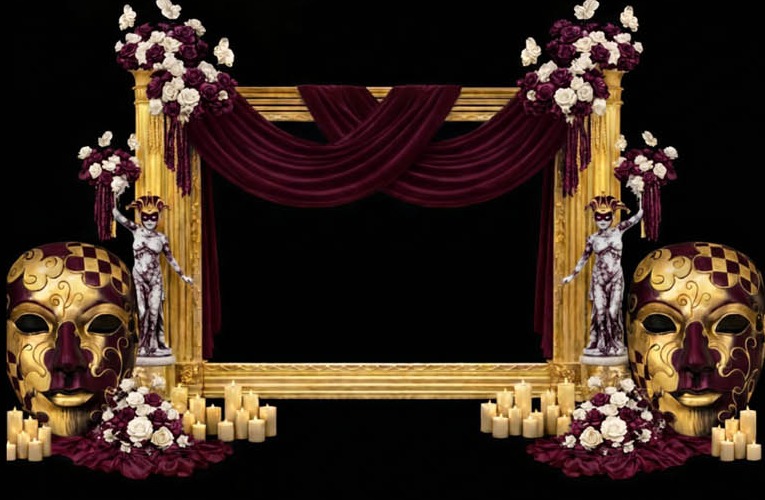 Gold ornate photo frame with burgundy draping and Venetian masks