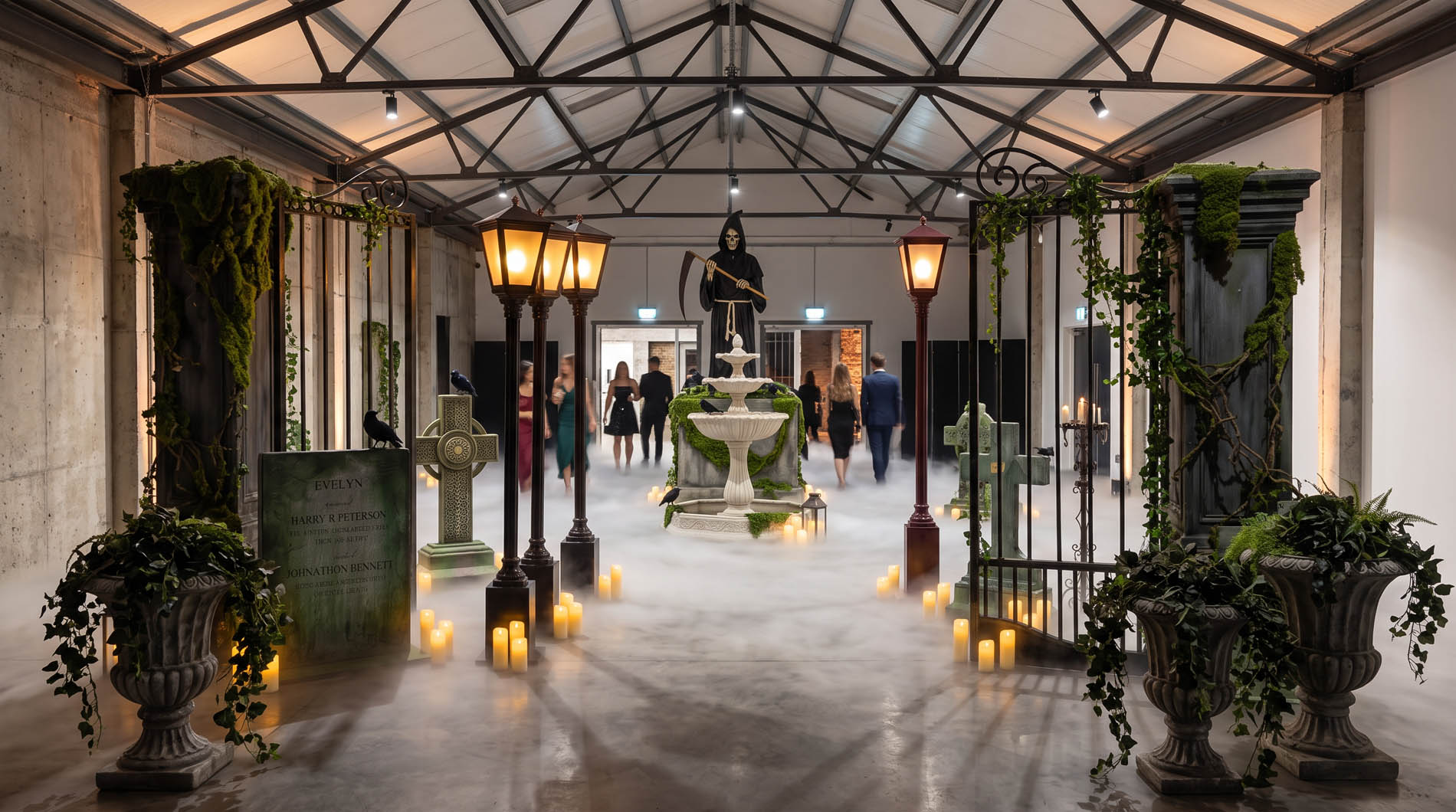 Cemetery gate entrance with fog, candlelight and a robed reaper figure at a moss-covered fountain