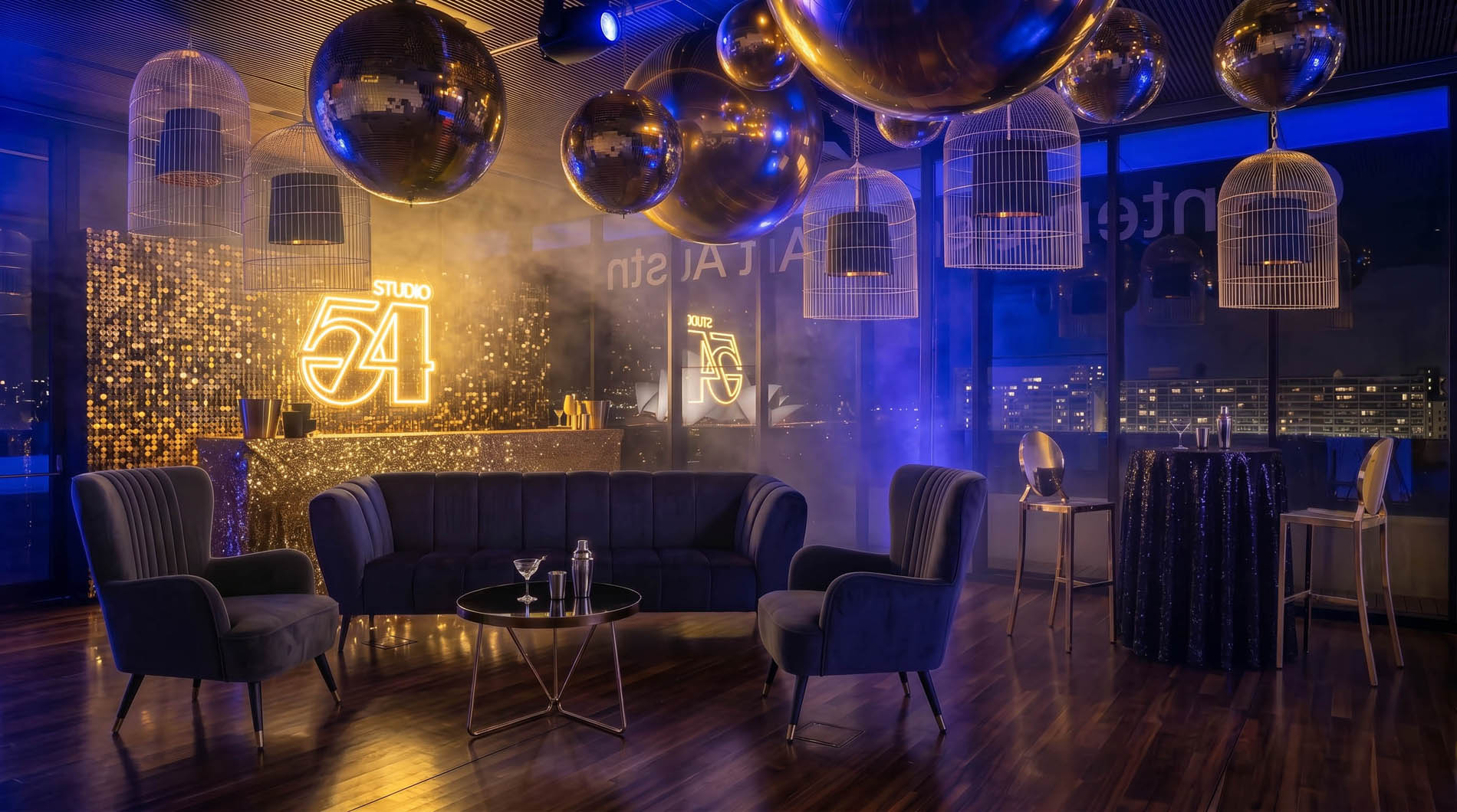 Studio 54 themed VIP lounge with hanging disco balls, gold DJ booth and Sydney city view