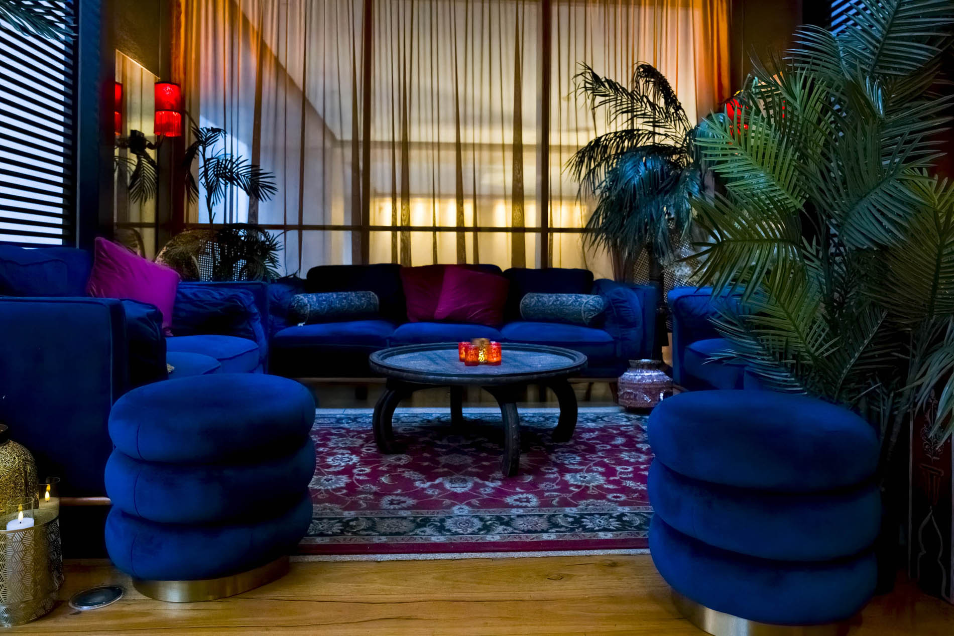 Wide view of the styled Zeta Bar Moroccan lounge