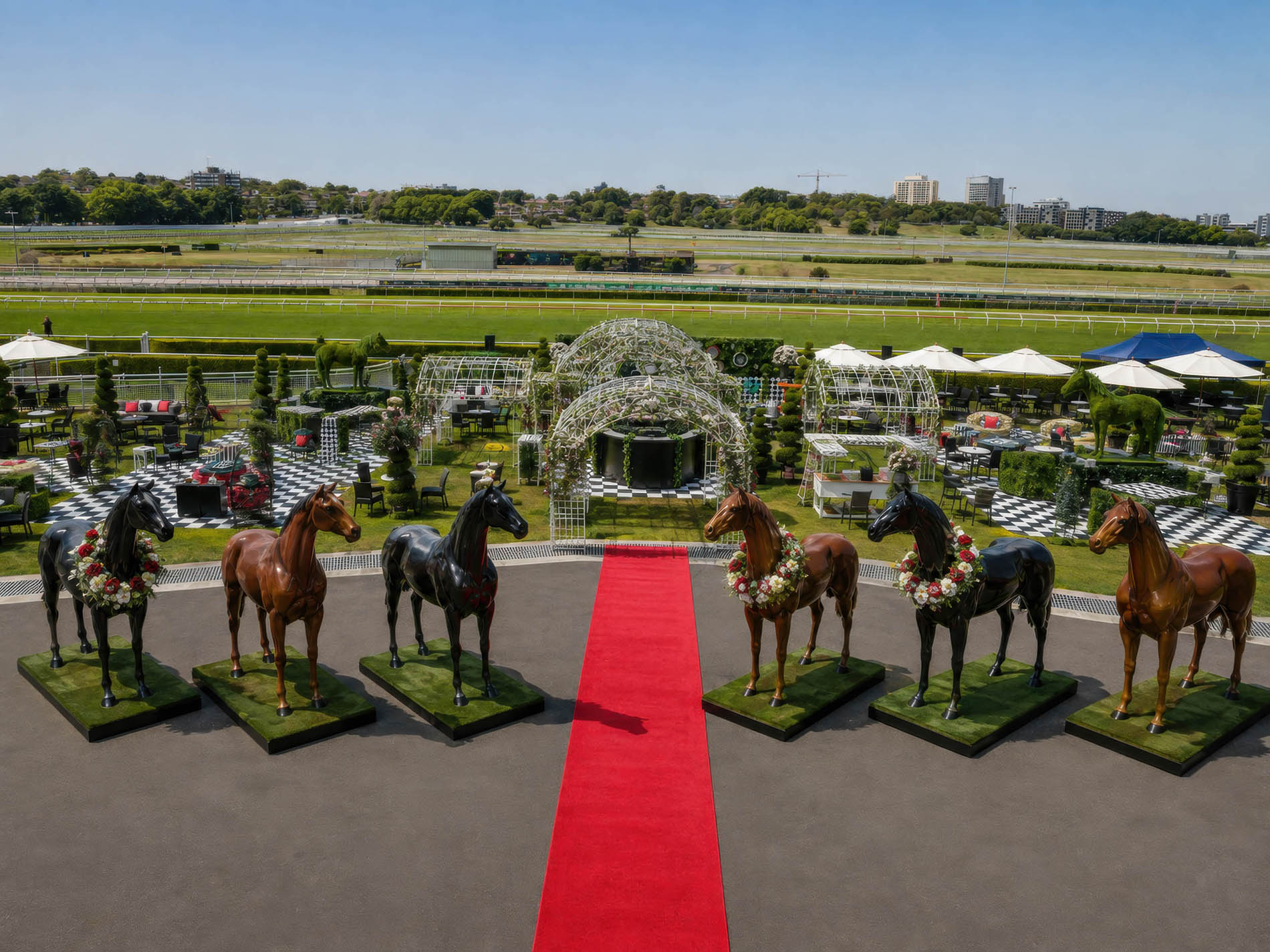 Spring Racing styling detail with floral installation and race-day props