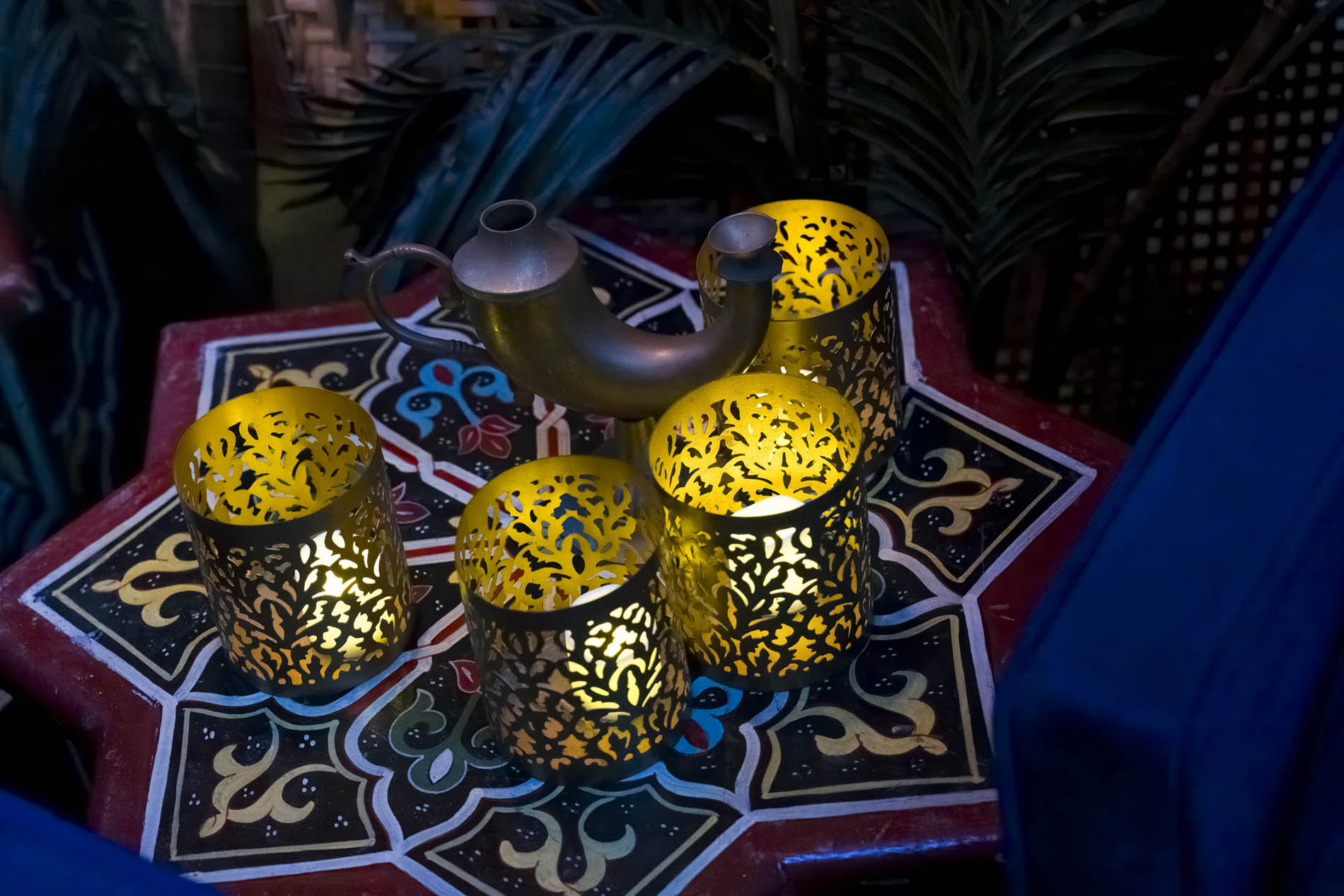 Wide shot of the finished lounge setting at night