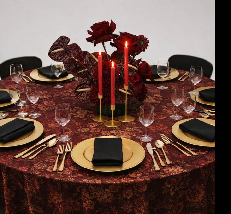 Burgundy and gold table setting with red taper candles and dark floral centrepiece