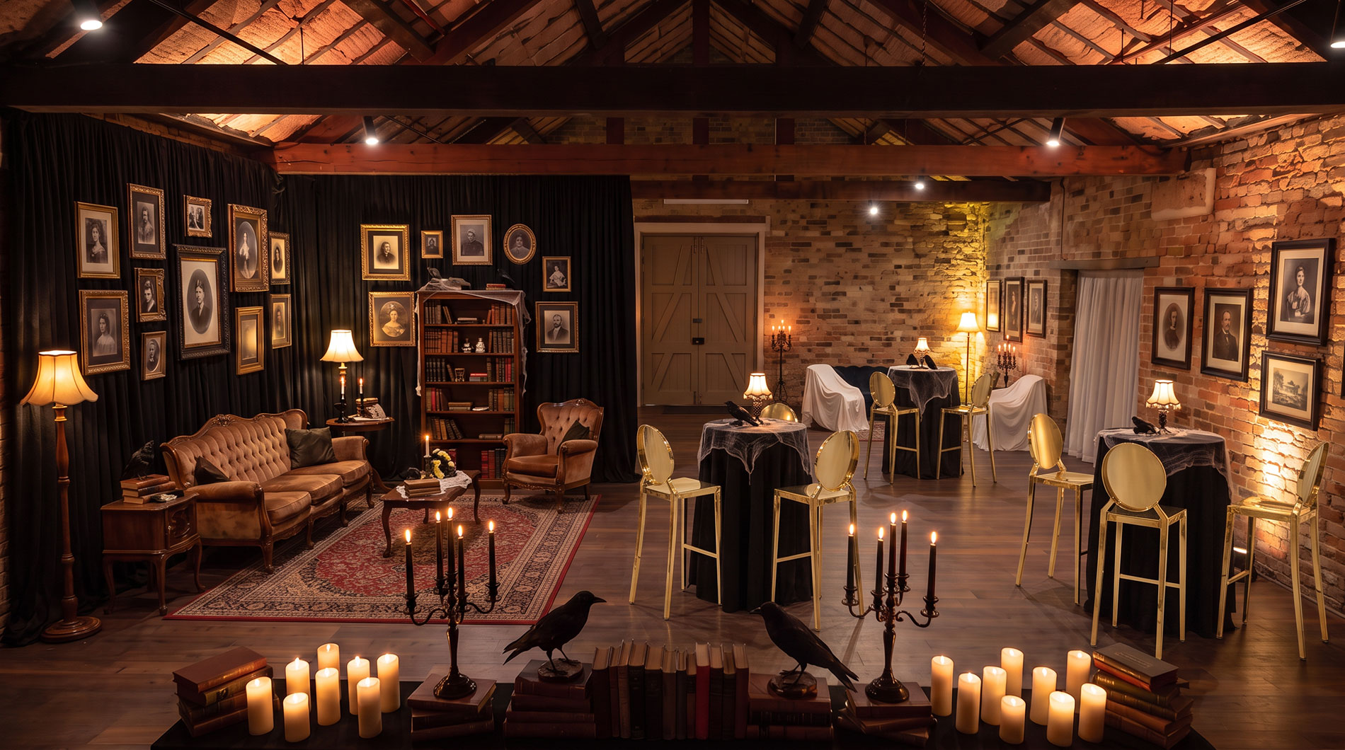 Midnight Manor lounge with a portrait gallery, bookshelf, Persian rug and candlelit cocktail tables