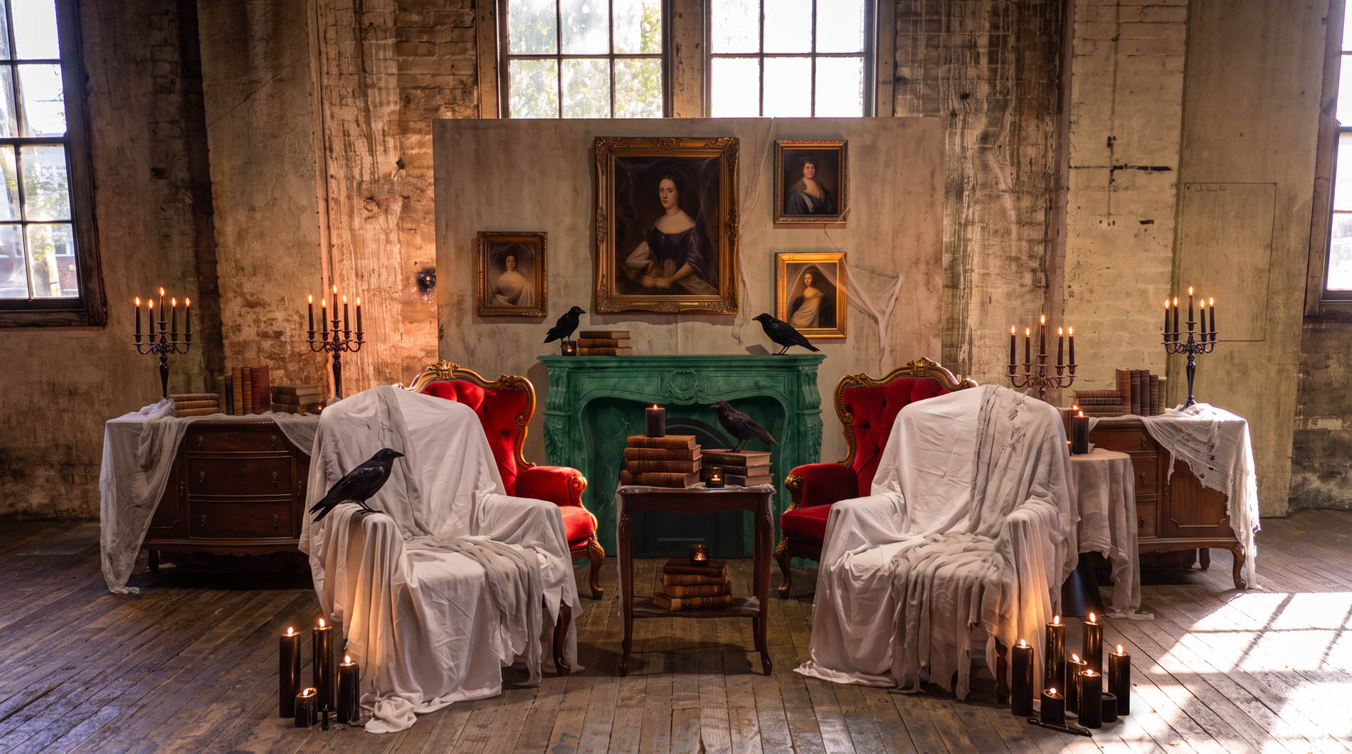 Haunted parlour with sheet-draped Victorian armchairs, ravens and a wall of gilt-framed portraits