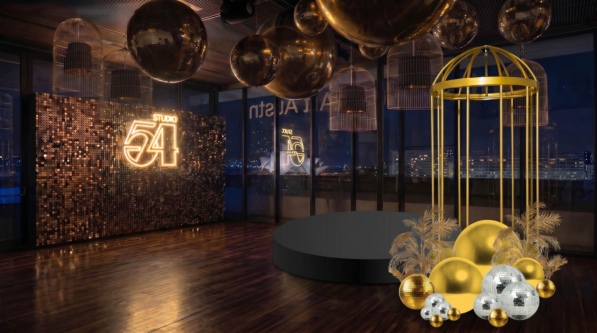 Gold sequin feature wall with birdcages, disco balls and gold palms around a black podium