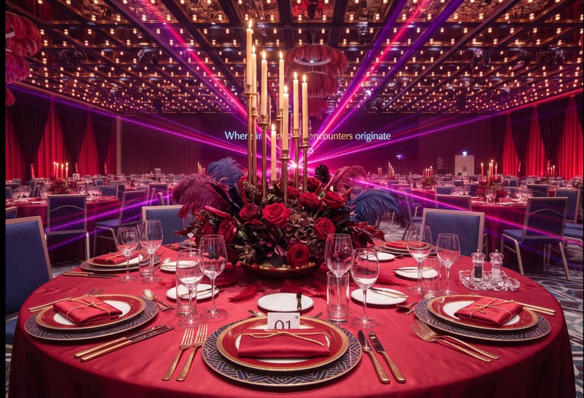 Red gala ballroom with laser lighting and candelabra centrepiece table setting
