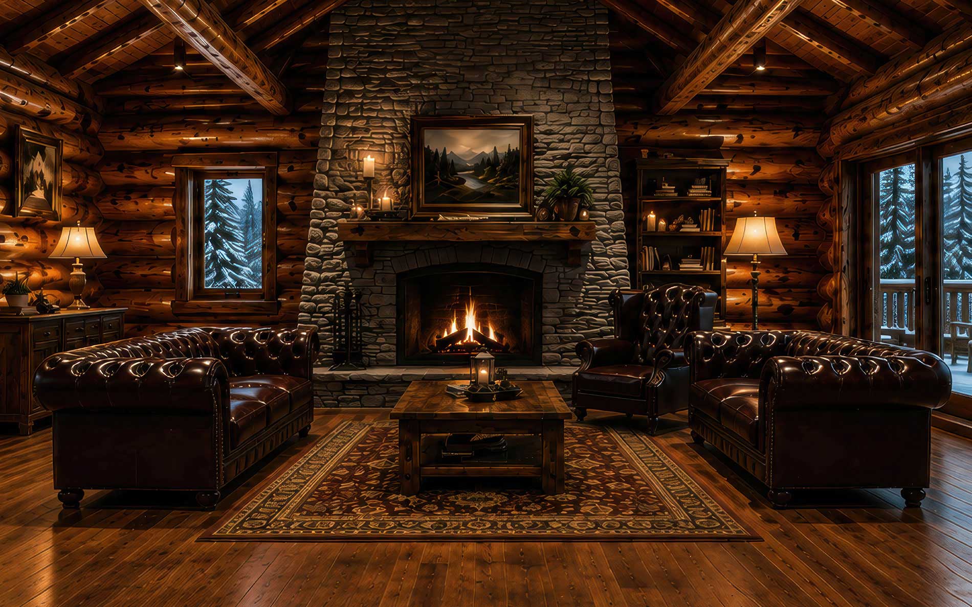 Interior of the 8m x 5m Alpine Lodge log cabin marquee, shown in full