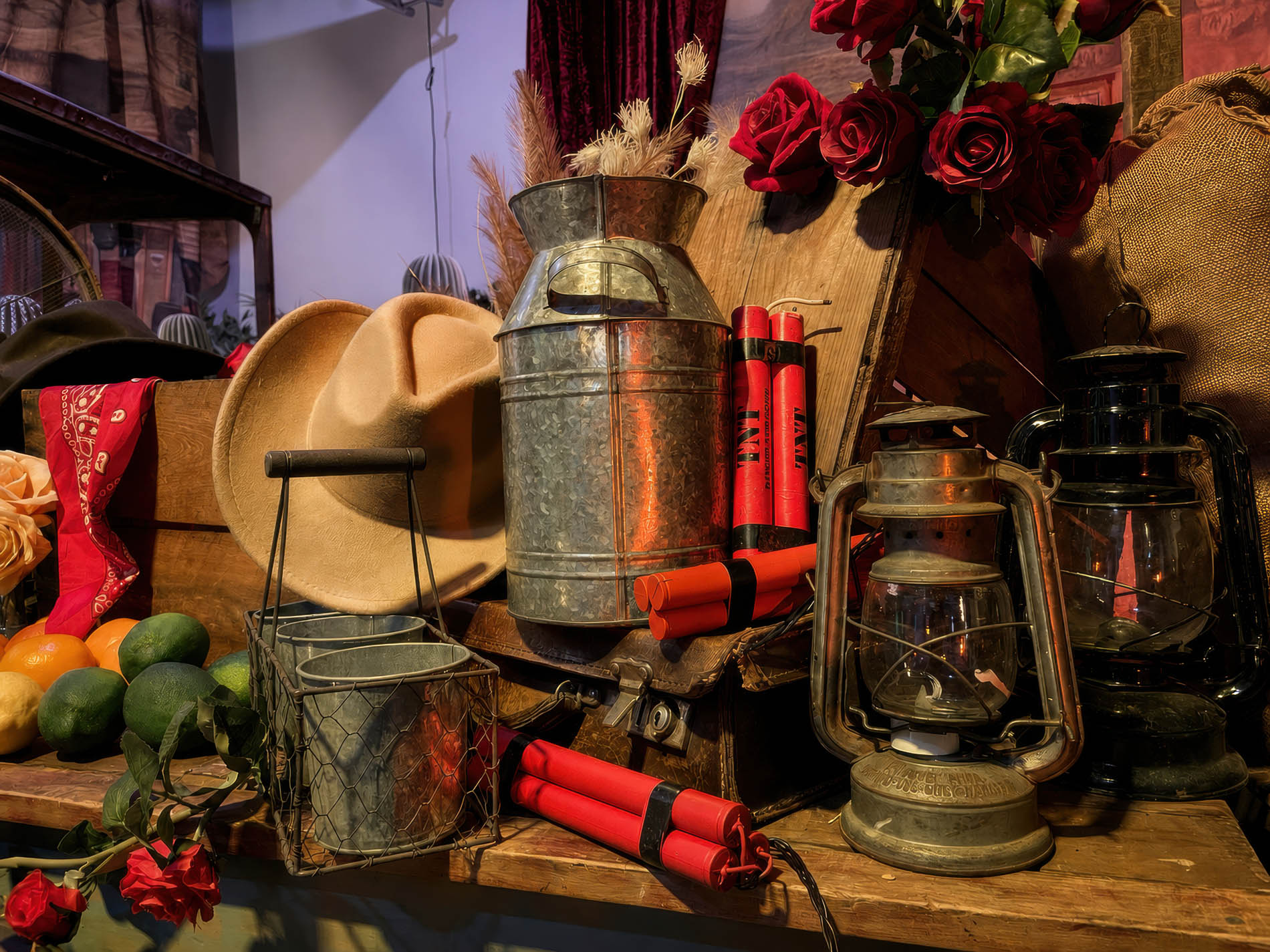 Cowboy hat, faux dynamite sticks, and hurricane lanterns styled on a trade wagon