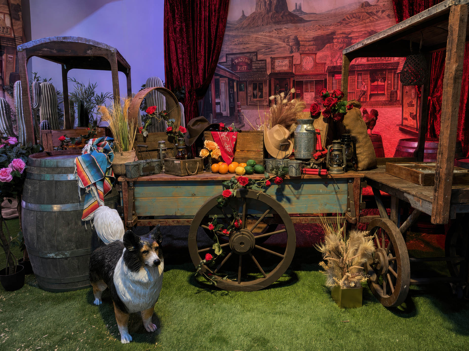 Life-sized timber trade wagon dressed with fruit crates, roses, and a red velvet curtain backdrop